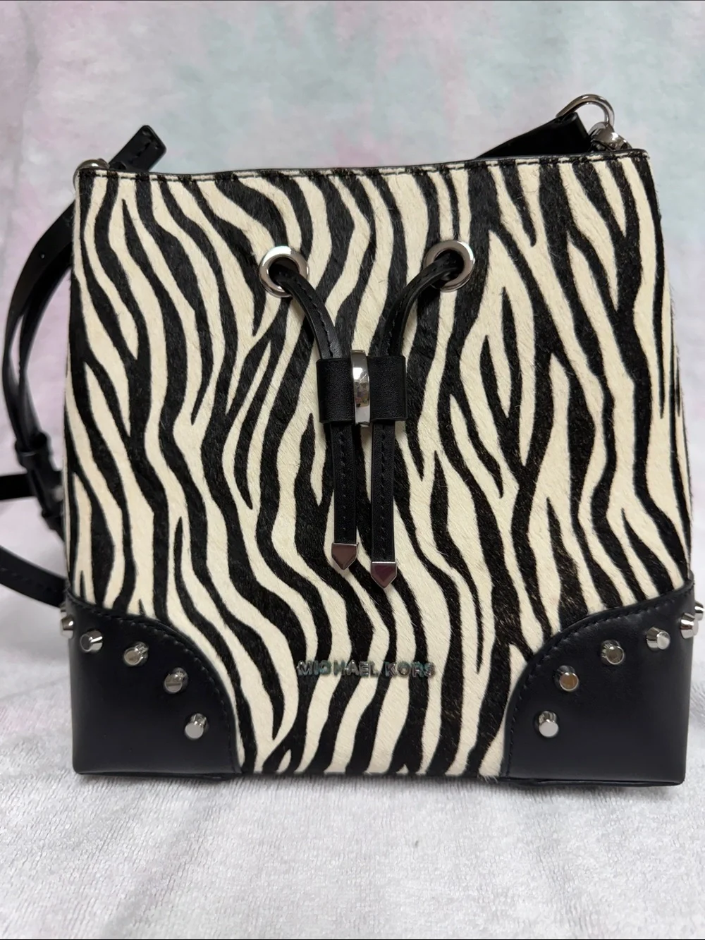 Michael Kors Black & White Zebra-Print Drawstring Crossbody - Picture 1 of 9